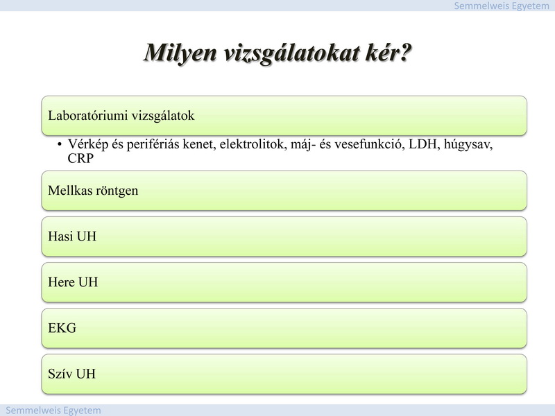 Betegünk eredményei: Labor vizsgálatok: Fehérvérsejt 23,2 G/l, granulocyta 1 G/l, haemoglobin 65 g/l, haematocrit 0,18, thrombocyta 18 G/l, LDH 965 U/L, húgysav 267 umol/l, CRP 4 mg/l Perifériás