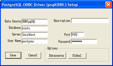 POSTGRESQL 115 61. ábra. Az illesztő beállítása PostgreSQL adatbázishoz név (ODBCpgSQL). A második pedig az adatbázis neve (minta), amivel a kapcsolatot szeretnénk létrehozni.