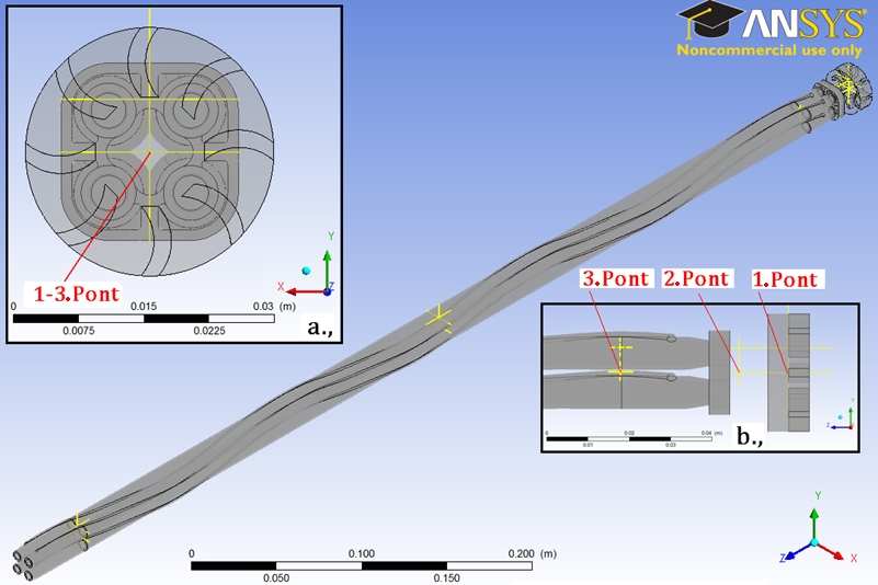 Itt a kék (fal melletti) és piros (sarki) szubcsatornák sebességmezőjét nézve egy sokkal homogénebb mezőt látunk a New Foot 1 vagy az eredeti geometriával végzett számítás eredményeivel