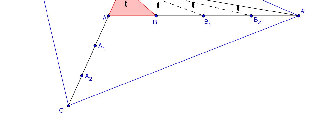 Hasonlóan mutatható meg, hogy a CB C és az AC A háromszögek területe szintén 1t. Ezért az A B C háromszög területe T = t + t + t + t = 37t alapján, az ABC háromszög területének 37-szerese. II.