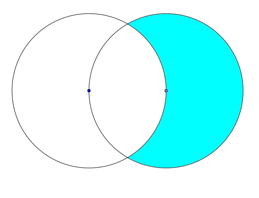 9. Két 6 egység sugarú kör úgy metszi egymást, hogy mind a kettő középpontja a másik kör kerületén van. Határozza meg a színezett síkidom területét! 10.