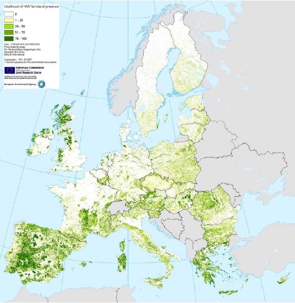 14. ábra HNV területek az EU 27tagországában. (1 km-es felbontás) Forrás: JRC/EEA/IES (2008) Módszertani megfontolások Az eredménytérkép különböző felbontású alapadatokra épül.