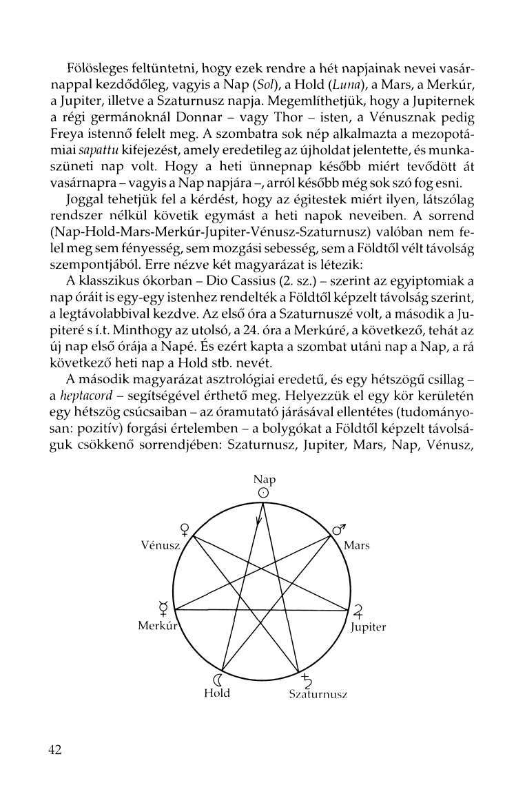 Fölösleges feltüntetni, hogy ezek rendre a hét napjainak nevei vasárnappal kezdődőleg, vagyis a Nap (Sol), a Hold (Luiia), a Mars, a Merkúr, a Jupiter, illetve a Szaturnusz napja.