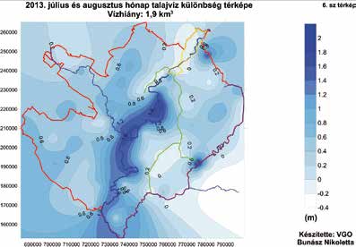 Talajvízszint- és készletváltozás térkép, elemzéssel alátámasztva, a periodikusan jelentkező belvizes- és aszályos időszakok talajvízszintre gyakorolt hatásának szemléltetéséhez.