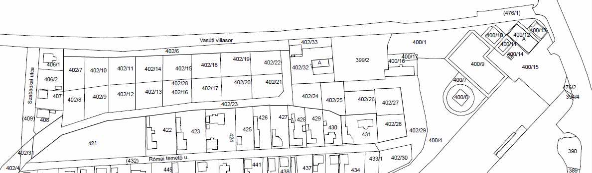 Lehetséges új övezeti szabályozás szerint: Lk-05 sz/sz=0,8 T= 3310 m2 Vt-1 sz/sz=1 T=2650 m2-725 m2 x 4= 2900 m2 Hrsz.