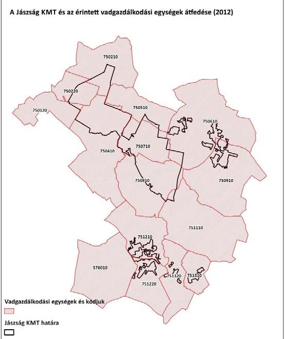 A Jászság KMT területe 15 vadgazdálkodási egységgel fed át ezek közül 10-11 igazán meghatározó (*), amint az alábbi ábra mutatja: VGE-kód 576010 *750120 *750210 *750220 *750410 750510 *750610 750710