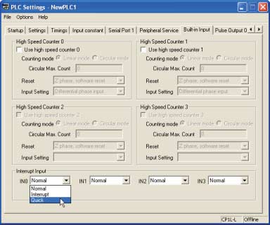 A-4 CP1L programozási példák 4. Az Interrupt Input területen található IN0 legördülő listából jelölje ki a [Quick] lehetőséget. Mivel a bemeneti érzékelő a 0.