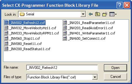 Megjelenik a Select CX-Programmer Function Block Library File párbeszédpanel. A Függelék 2.