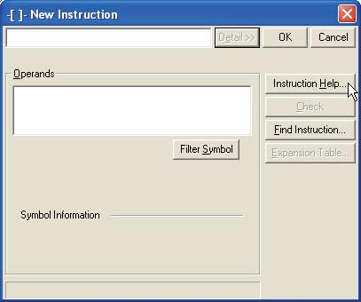 Egy létradiagramos program utasításának létrehozása közben kattintson a New Instruction párbeszédpanel [Instruction Help] lehetőségére.