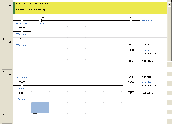 4 Programok készítése 1. Nyomja meg a [W] billentyűt. A VAGY áramkör bemeneti címének írja be: C0000. Az Edit Comment párbeszédpanelen nyomja meg az [Enter] billentyűt.