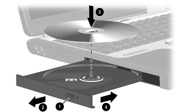 A notebook használatának megkezdése A Dokumentációtár CD behelyezése 1. Kapcsolja be a notebookot. 2. Nyomja meg a meghajtó előlapján lévő tálcanyitó gombot 1, majd húzza ki teljesen a tálcát 2. 3.