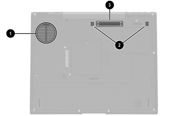 A külső hardverelemek Szellőzőnyílás és a dokkolóegység elemei Részegységek a notebook alján: Szellőzőnyílás és a dokkolóegység elemei 1 Szellőzőnyílás (háromból az egyik) 2 Dokkolóretesz mélyedései