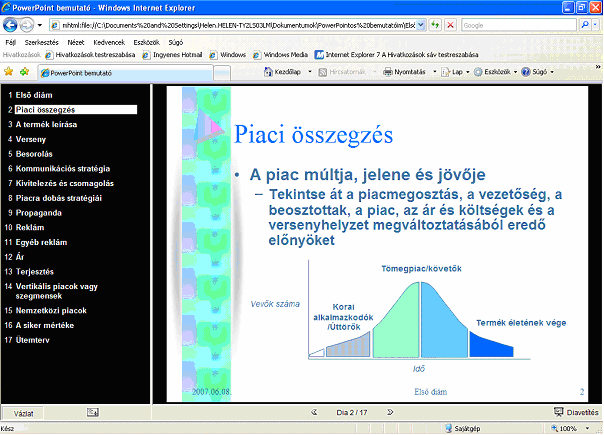 19. ábra Bemutató megnyitása html mentés esetén A programban megadhatók a mentés beállításai az Eszközök/Beállítok/Mentés ablakban, vagy