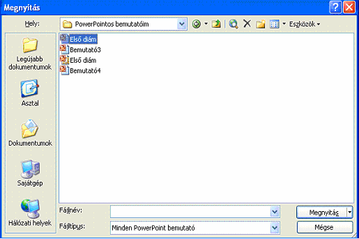 A prezentáció megnyitása Feladat Nézzük meg, hogy a bemutatónk bezárása után, honnan lehet megnyitni a készített fájlt, elmentette-e a megadott helyre a gép! Erre is többféle mód létezik: 1.