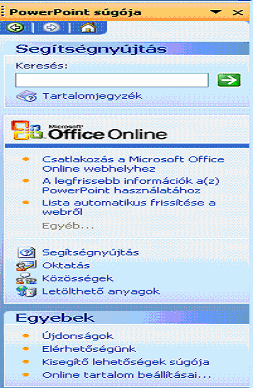 Itt is van lehetőség témakörönként keresésre, vagy részletes súgásra, ha a Súgó menüben a Microsoft Office Power- Point