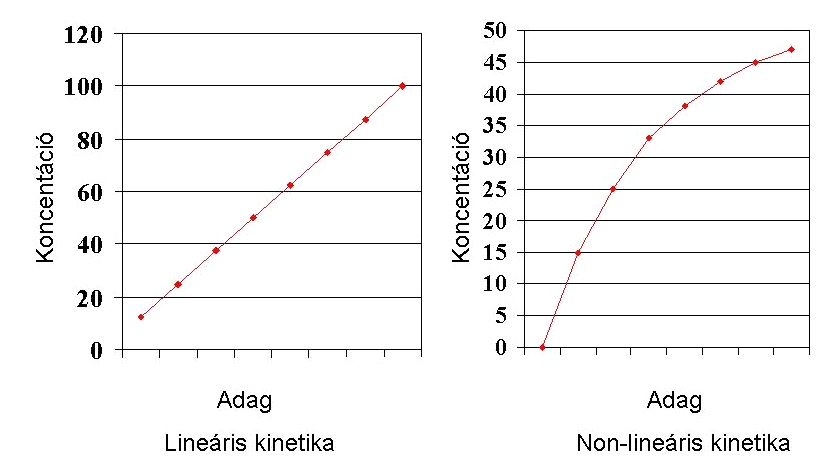 Ábra: A 0 (lineáris) és az 1 (exponenciális, logaritmusos) rendű kinetika grafikus ábrázolása A gyógyszerek felszívódása a különböző helyekről A gyógyszerek felszívódása a szájüregből A gyógyszereket