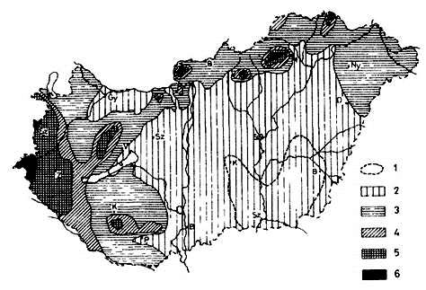 Magyarország klímazonális térképe 1: sztyepp, 2: erdős sztyepp, 3: zárt tölgyes