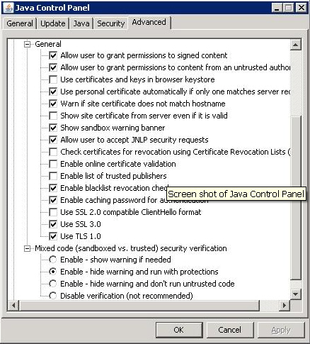 Ha azt szeretnénk, hogy ez a figyelmeztetés többet ne jelenjen meg, akkor a Java Control Panel beállítási lehetőségei között jelöljük meg az Enable hide warning and run with protections lehetőséget!