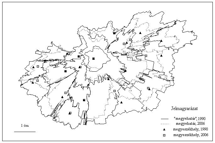 26. ábra Magyarország időtere 1990-ben és 2006-ban Forrás: Dusek, Szalkai 2006. Az idő alapú hálózatok saját magukhoz képest sem viselkednek konzekvensen.