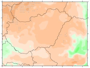 Az OMSZ-ban alkalmazott modellekre jellemző, hogy az általuk jelzett változás mindig meghaladja az ENSEMBLES modellek eredményeiből számított mediánt (középső, azaz 50 %-os gyakorisággal előforduló