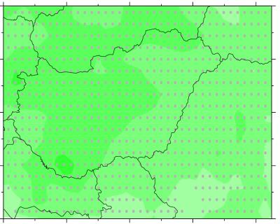 szürke kör: magyarországi megfigyelt érték kék és zöld box-plot: jövőbeli érték világos és sötétebb háromszög: ENSEMBLES eredmények SU: nyári nap, Tmax>25; TX35E: forró nap, Tmax>35; TN: túl meleg