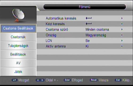 3.2 Főmenü felépítése A menüben a távirányító nyílgombjai ( ) segítségével tud navigálni, illetve értékeket változtatni.