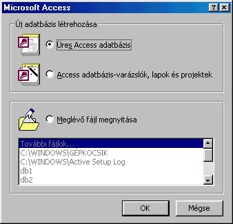 1. feladat megoldása 1. Az Access 2000 indítása után válasszuk az Üres adatbázis létrehozása pontot. 2. Adjunk tetszőleges nevet az új adatbázisnak.