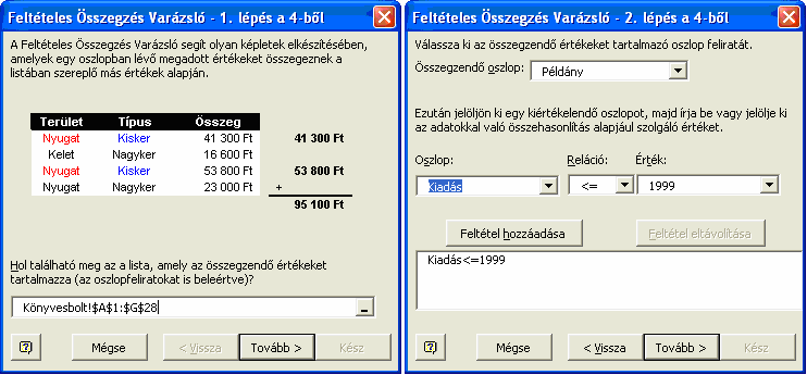 14 Feladat leltár és leértékelés támogatása 12. A leértékelt készletbe kerülő könyvek darabszámát a Feltételes összegzés varázslóval számítjuk.