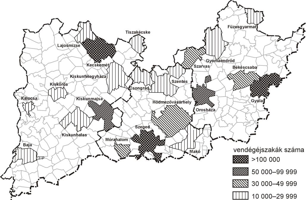 A TURISZTIKAI KAPCSOLATOK FEJLŐDÉSE A GAZDASÁGI VÁLSÁG IDEJÉN 6. ábra. A Dél-Alföld régió fő fogadó települései (2012) Forrás KSH, saját számítás.