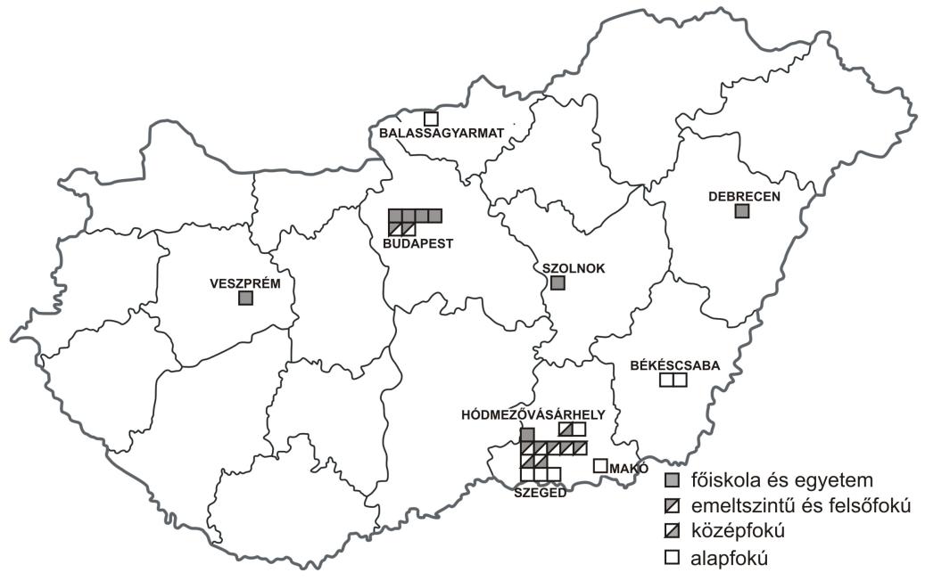 MIHÁLY PÉTER DÁNIEL SÜMEGHY ZOLTÁN 3. ábra. Idegenforgalmi és vendéglátó oktatási intézmények helyszínei a szegedi születésűek körében Forrás: Mihály P.