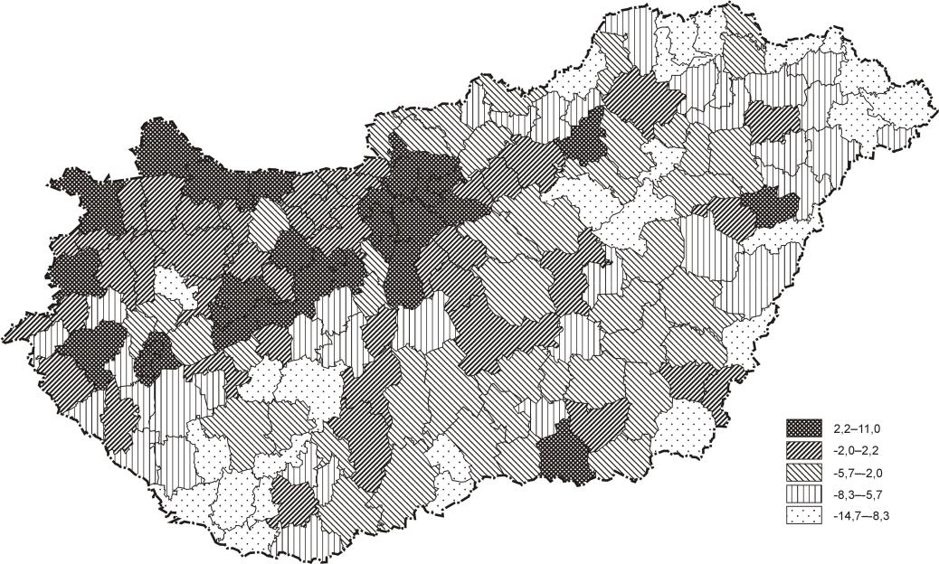 AZ OBJEKTÍV JÓLLÉT MODELLEZÉSE ÉS ELSŐ EREDMÉNYEI 1. ábra. Az objektív jóllét súlyozatlan modellje kistérségi szintre (2011) Forrás: Koós Bálint számítása és szerkesztése alapján.