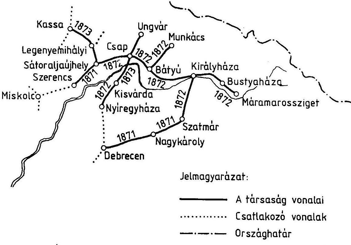 FELÉBRED-E A TETSZHALOTT? A ZÁHONYI KÜLÖNLEGES GAZDASÁGI ÖVEZET 1. ábra. A Magyar Északkeleti Vasút 1857 és 1873 között megépített vasútvonalainak hálózata Forrás: Horváth 2000.