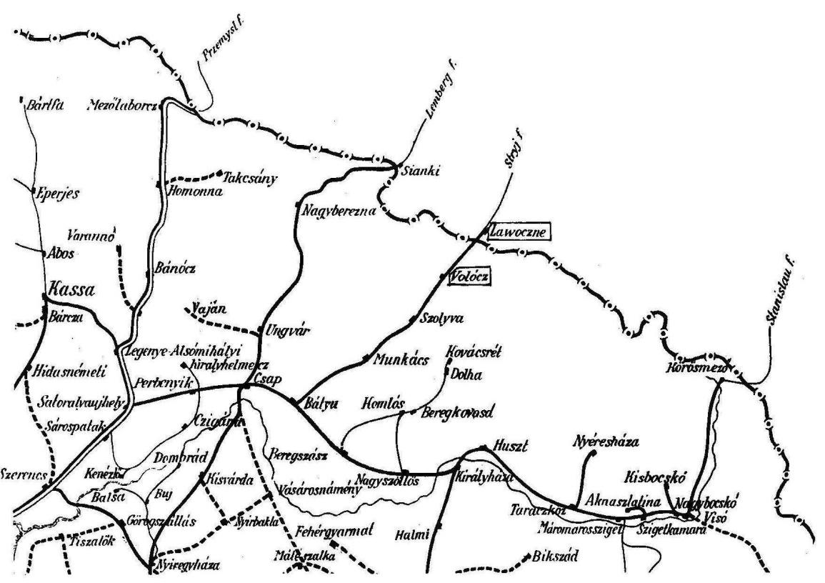 BAJOR TIBOR 2. ábra. A Csap Munkács Lawoczne-vasútvonalra 1940-ben tervezett két átrakóállomás (Valócz és Lawoczne, Vereckei-szoros) Forrás: Horváth 2000. A II.