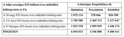 A teljes országos, minden járásra kiterjedő EFI kiépítettség esetében az egyszeri beruházási költségigény a fennmaradó 140 járás esetében összesen 1,33 milliárd Ft egyszeri kiadást eredményezne.