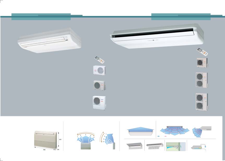 Fujitsu katalógus jo 2005/04/04 16:12 Page 14 PARAPET / MENNYEZETI TÍPUSOK NAGY MÉRETÛ MENNYEZETI TÍPUSOK Keskeny és praktikus kialakítás Kétirányú automatikus légterelés Széles légbefúvás Kétirányú