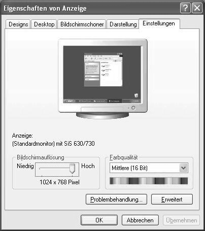 5.4. Unterstützte Einstellungen im Videomodus DVI und HDMI 480i/480p 576i/576p 720p 1080i/1080p 5.5. Monitoreinstellungen unter Windows XP AT Inbetriebnahme Unter Windows XP nehmen Sie Bildschirmeinstellungen im Windows-Programm Eigenschaften von Anzeige vor.