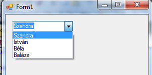 combobox1.datasource = items; Alapértelmezett eseménye a SelectedIndexChanged, amely az aktuális elem változását jelöli.