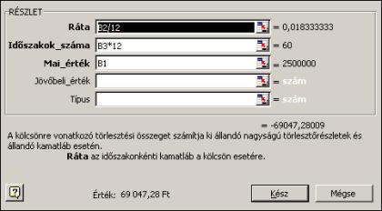 Ráta Az időszakonkénti kamatláb. Időszakok_száma A fizetési időszakok száma a törlesztési időszakban.