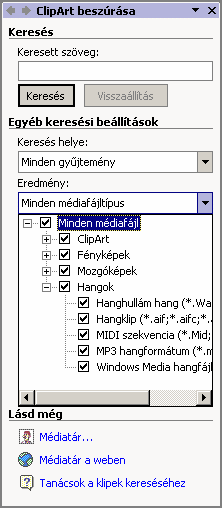 Szövegszerkesztés MS Word XP Ezt követően megjelenik a ClipArt beszúrása munkaablak, amelyen kulcsszó szerint kereshetünk a