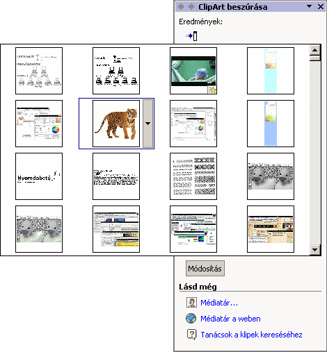 Miután a munkaablakban beállítottuk a megjelenítendő elemeket, a Keresés gombbal megjeleníthetjük a Médiatár tartalmát: ClipArt