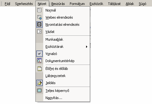 A menüben kategóriák szerint csoportosítva találjuk a Word XP parancsait és beállítási lehetőségeit.