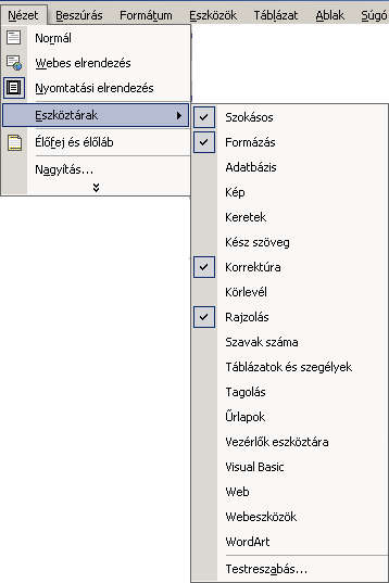Szövegszerkesztés MS Word XP A legáltalánosabban használt két eszköztár a Szokásos és a Formázás.