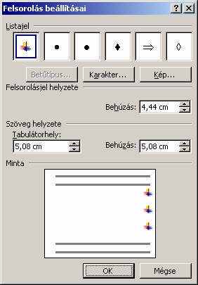 Ezeket az előre beállított felsorolás formátumokat a panel Testreszabás gombjára kattintva tetszőlegesen módosíthatjuk.