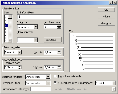 Minden egyes listaszint külön formátumozható. A formátumozandó szintet a Szint listából választhatjuk ki.