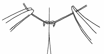 alatt, míg a kétkezes csomózásnál a hosszú szár egyik kézből a másikba kerül át a két fél-csomó között.