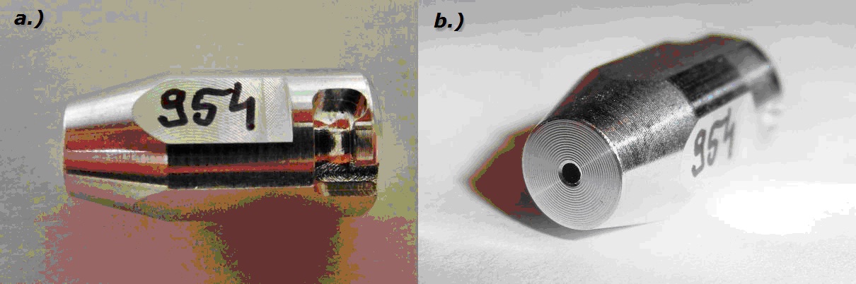 153 7. ábra: Alumínium target-tartó (a.) az 1mm-es homlokfuratába bepréselt grafit mintával (b.) Fig. 7.: Aluminium target holder (a) with the graphite sample pressed into its 1 mm front hole (b) 8.