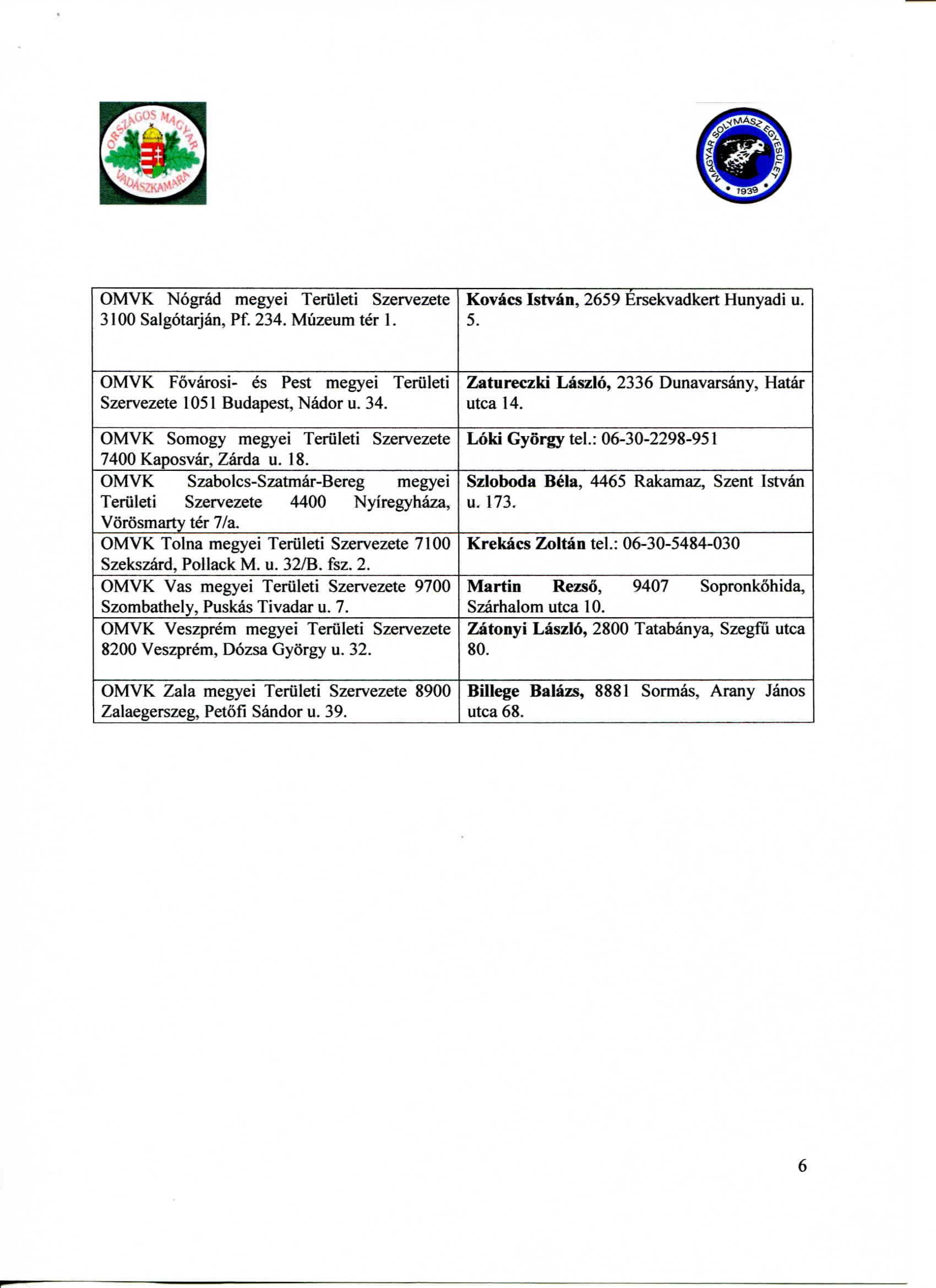 OMVK Nograd megyei Teruleti Szervezete 3100 Salgotarjan, Pf. 234. Miizeum ter 1. f Kovacs Istvan, 2659 Ersekvadkert Hunyadi u. 5.