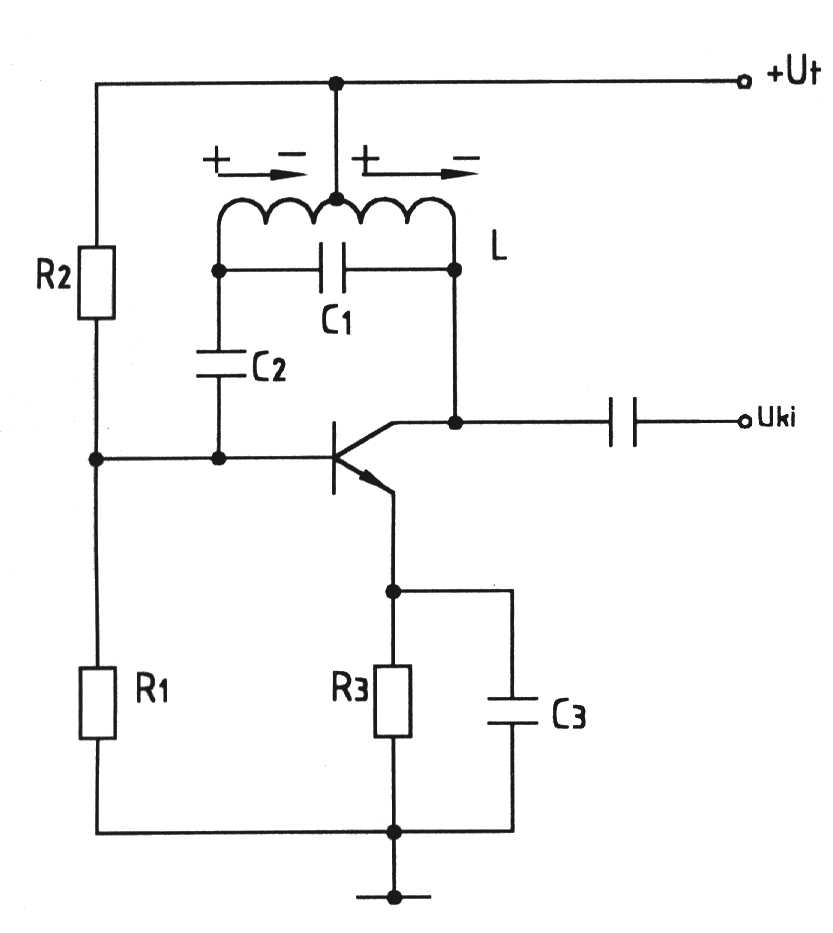 7. ábra Induktív hárompontkapcsolású (Hartley-) oszcillátor (földelt emitteres kapcsolás) A tranzisztor (A osztályú) munkapontját R 1, R 2 bázisosztó és R 3 állítja be.
