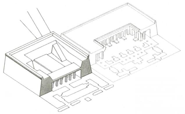 Főbb helyiségei igazság szerint meglehetősen hasonlatosak Hafré halotti templomának elülső részéhez.