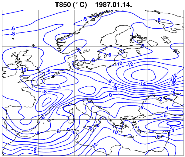 ábra A Mediterrán ciklon előoldal (Me) típusra jellemző tengerszinti nyomásmező (baloldalon) és 850 hpa-os hőmérséklet eloszlás (jobboldalon) az 1987.01.14. 06 UTC 01.15.